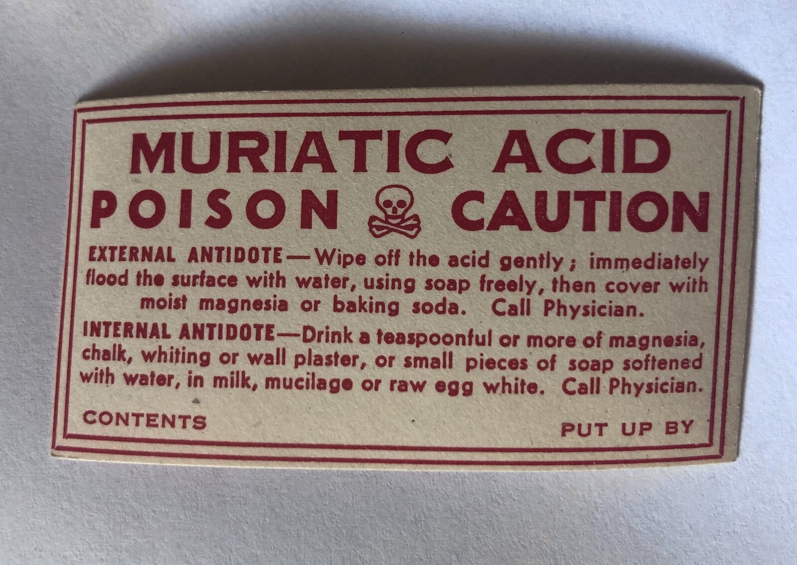 Vintage Unused Medicine Label Muriatic Acid Poison