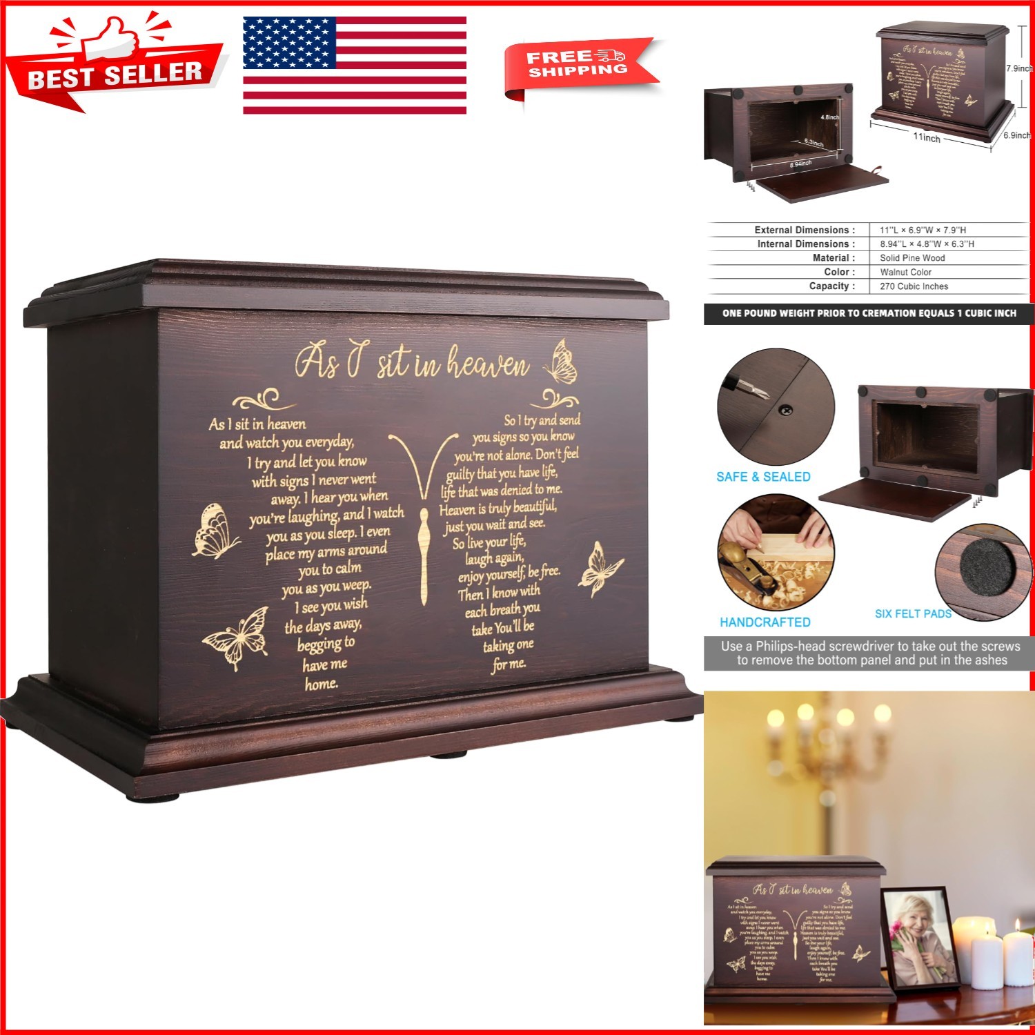 Luxury Personalizable Cremation Urn for Ashes - 270 LBS Capacity, Elegant Design
