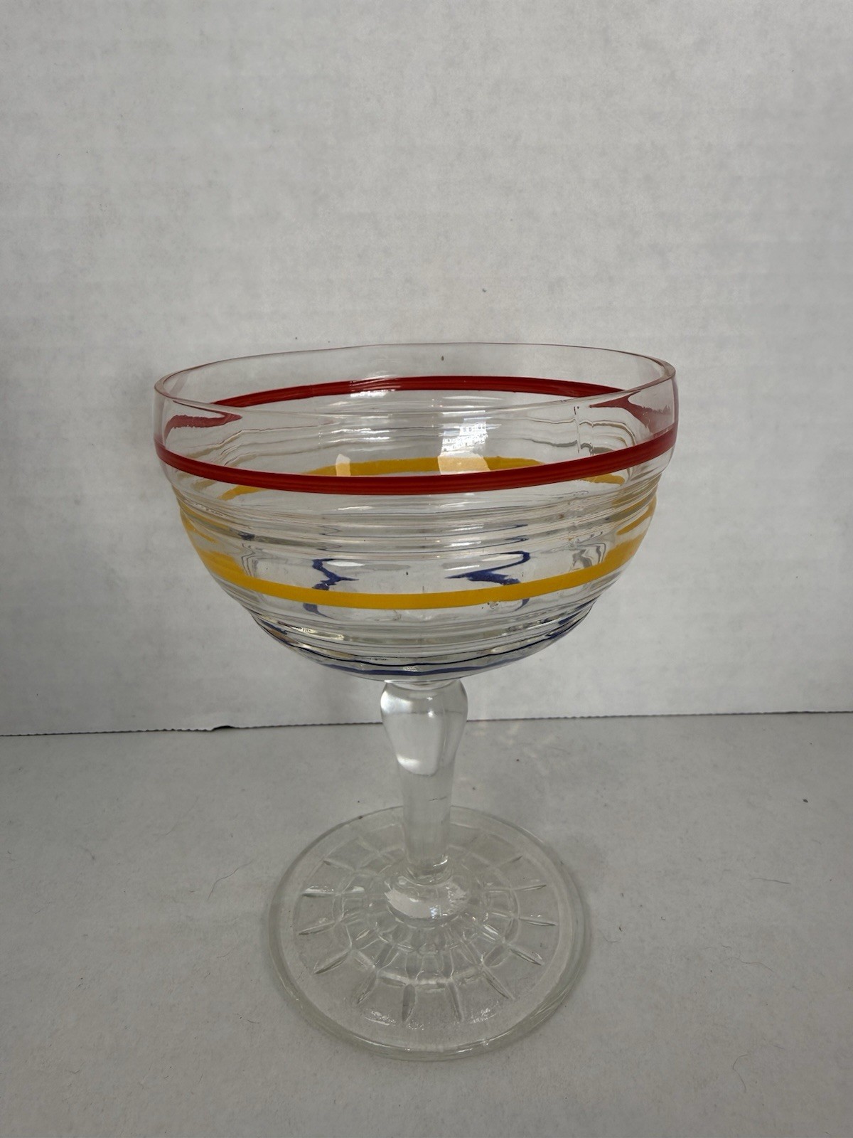 Anchor Hocking Banded Ring Red Blue Yellow Tall Sherbet Stem Mid Century Glass