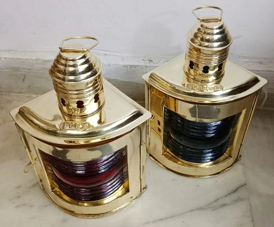Pair of Brass Nautical Oil Lanterns – Marine Ship Boat Lights – Coastal Home Déc