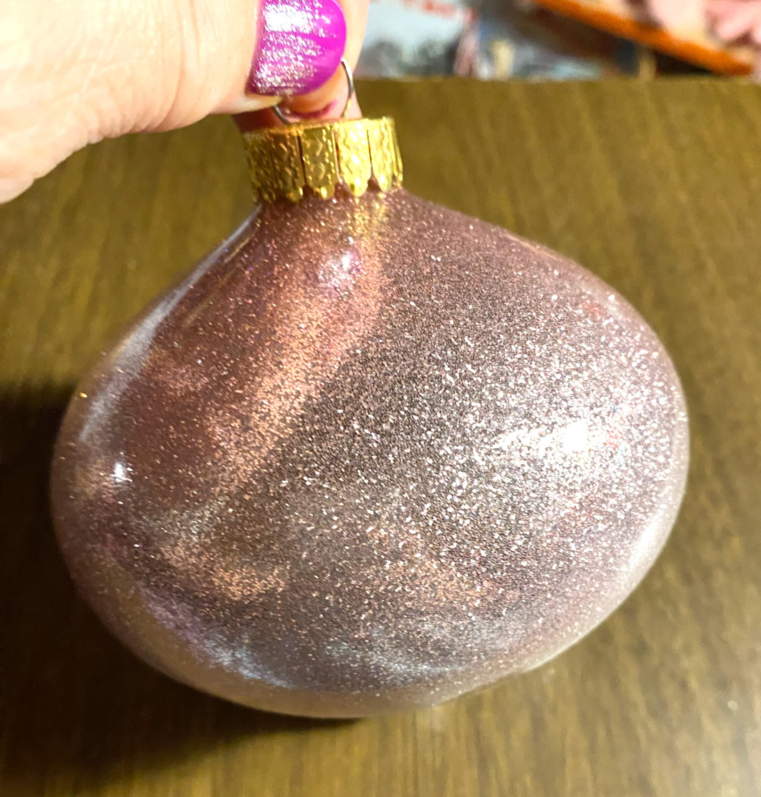 Pink Glitter Filled Blown Glass Teardrop Christmas Ornament 3 1/2"