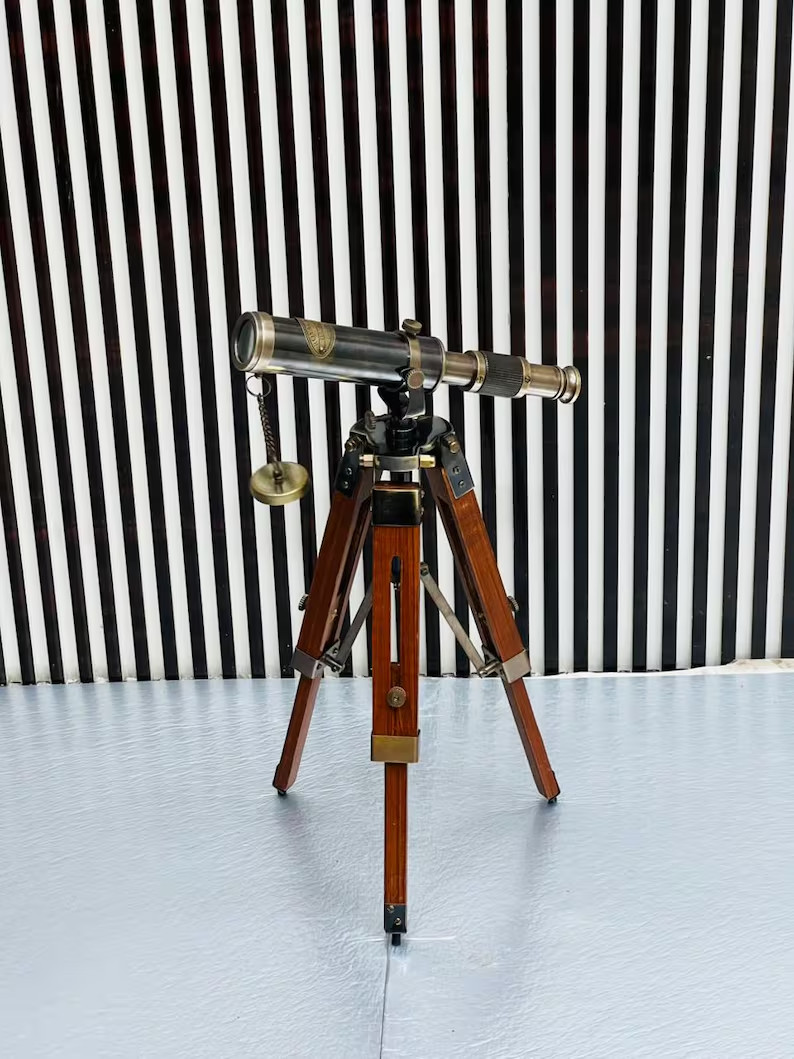 Vintage Style Brass Telescope with Wooden Tripod – Nautical Décor
