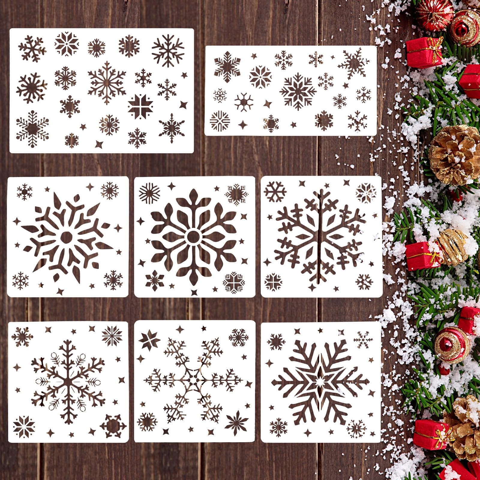 8 Pcs Christmas Snowflake Stencil for Crafts, Large Reusable White 
