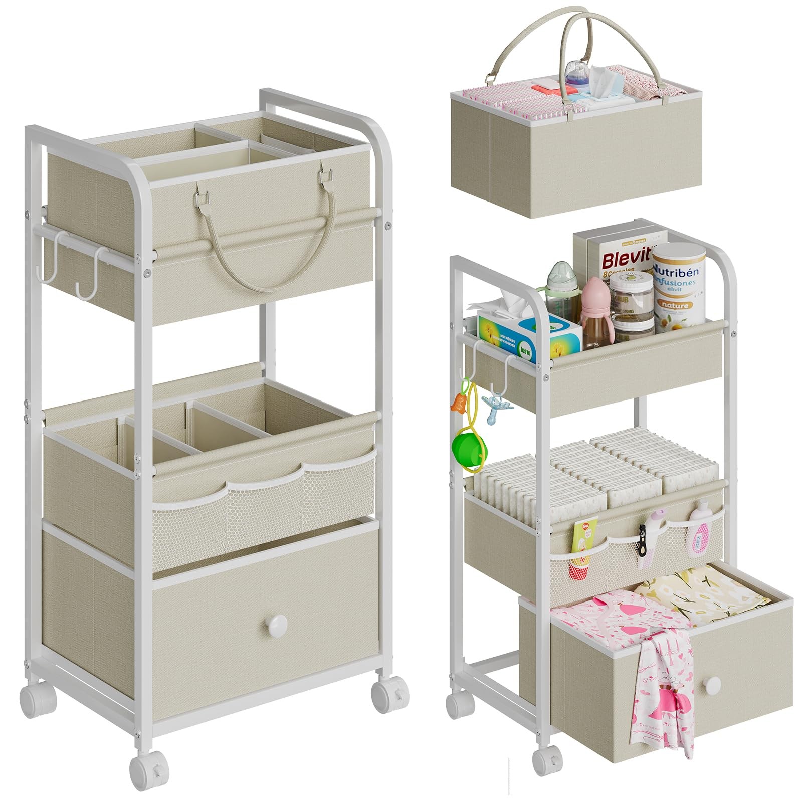 2In1 Baby Diaper Caddy Organizer and Storage, 3 Tier Rolling Cart with Drawer...