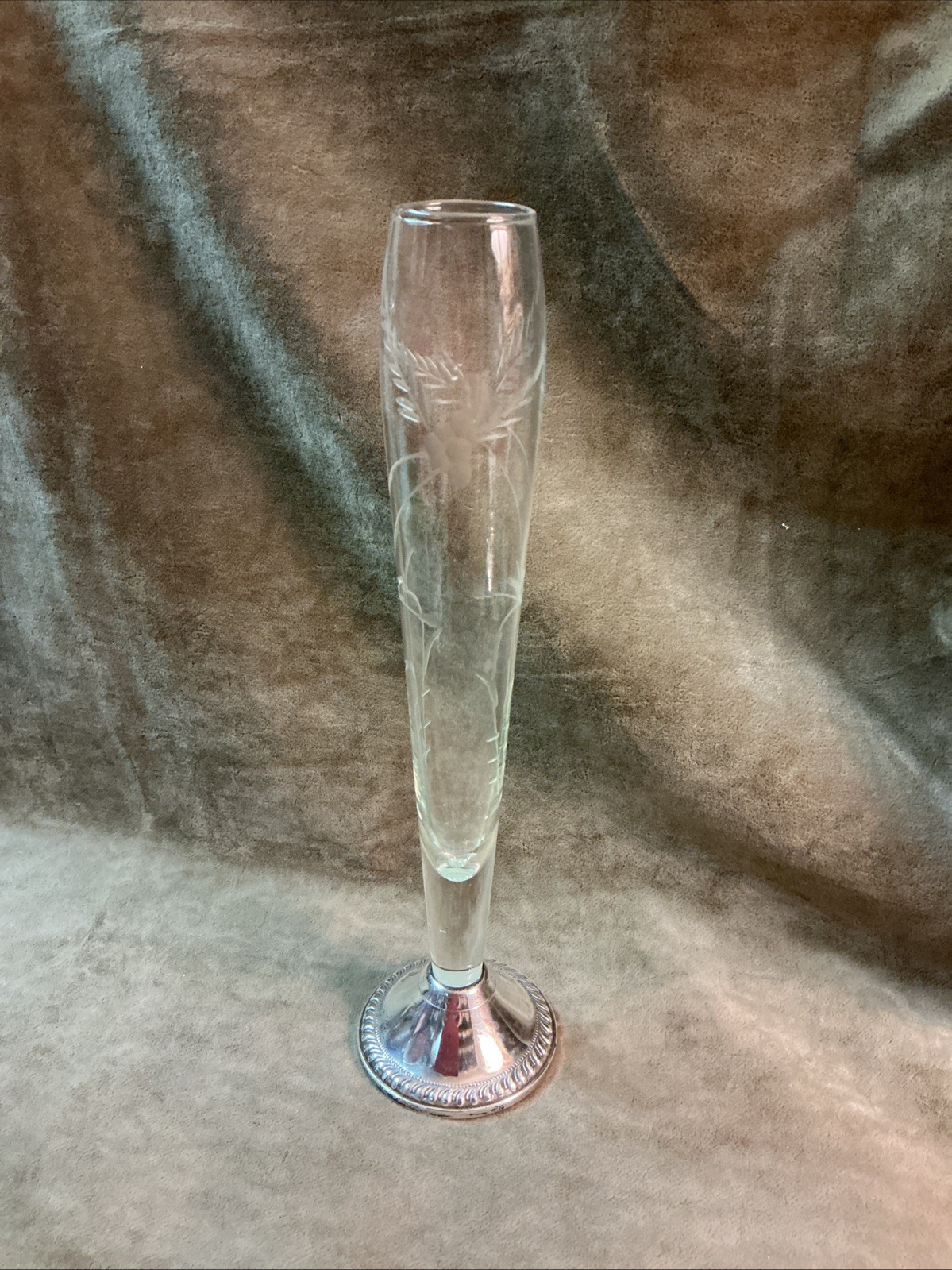 1950s Ditching Sterling silver Weighted base bud vase cut Floral design Glass