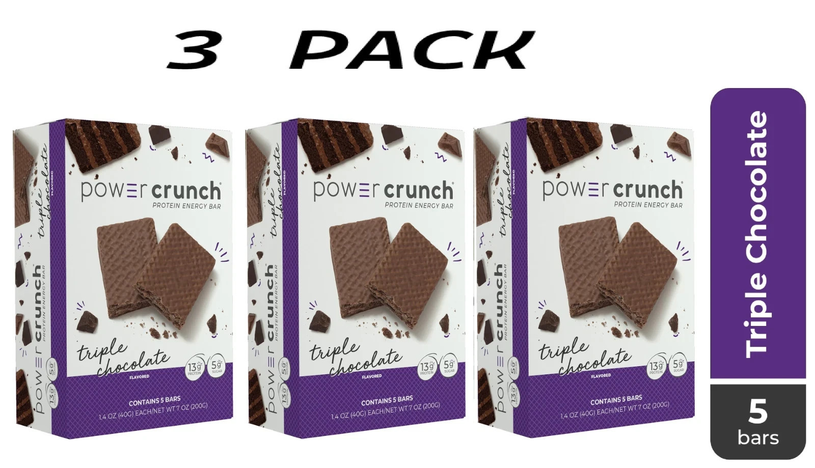 Power Crunch Original Protein Bars, Triple Chocolate, 1.4 oz, 5 Count (3 PACK)