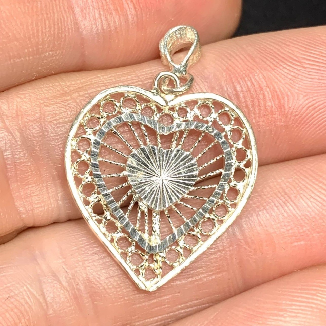 Textured Filigree Design Heart Pendant Sterling Silver 925 Size 1.25'' Length