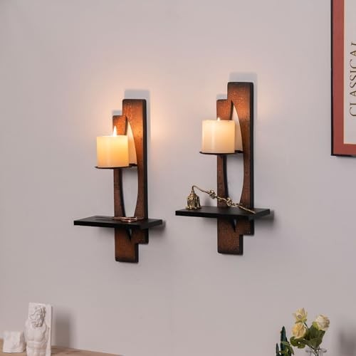  Wall Candle Sconce Holder,Set of 2 Rustic Wall Candle Sconce, Metal Brown