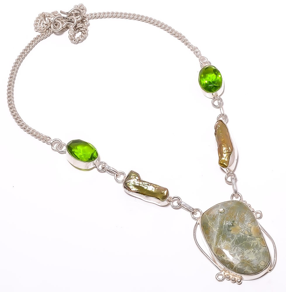 Variscite - Green Turquoise & Biwa Pearl 925 Sterling Silver Necklace 17.99" T7