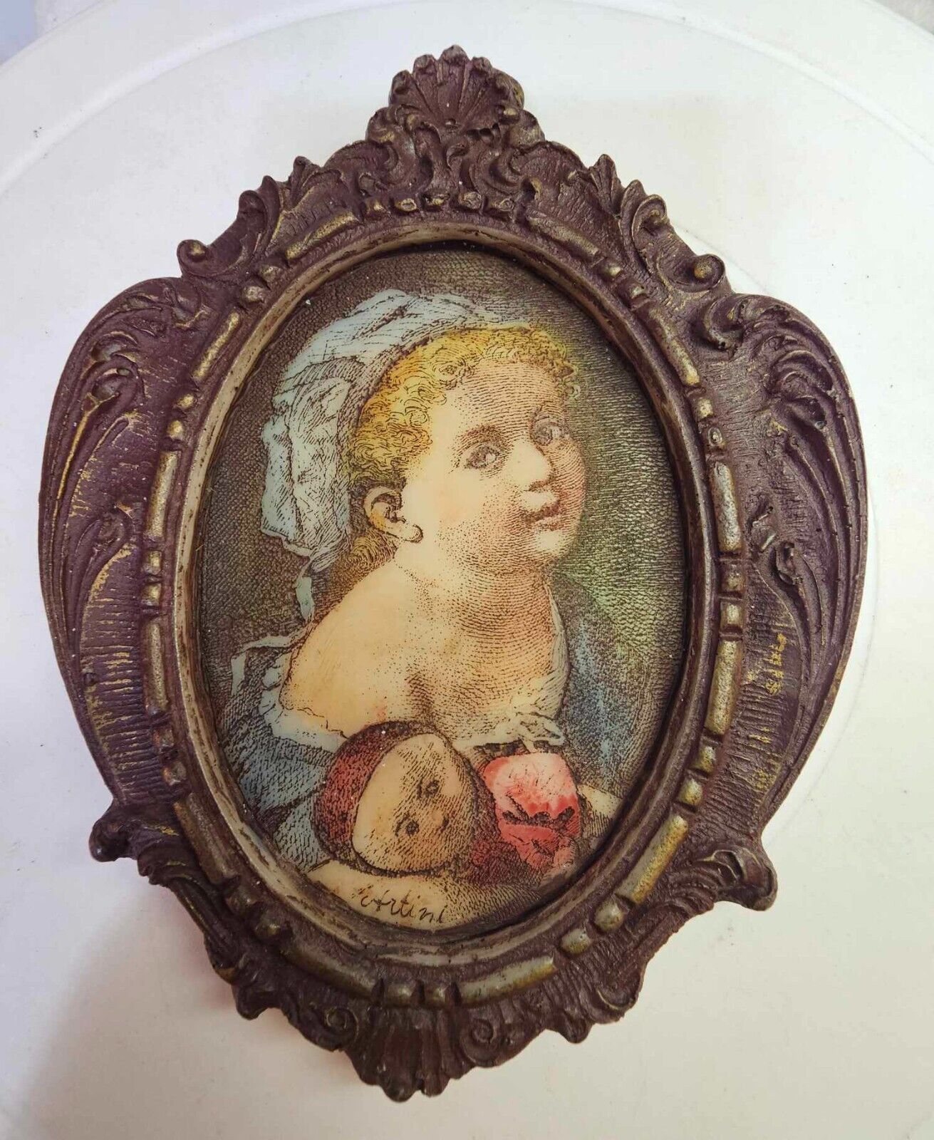 Vtg framed wall hanging art sculptured engraving Artini Mother & Child Ceramic