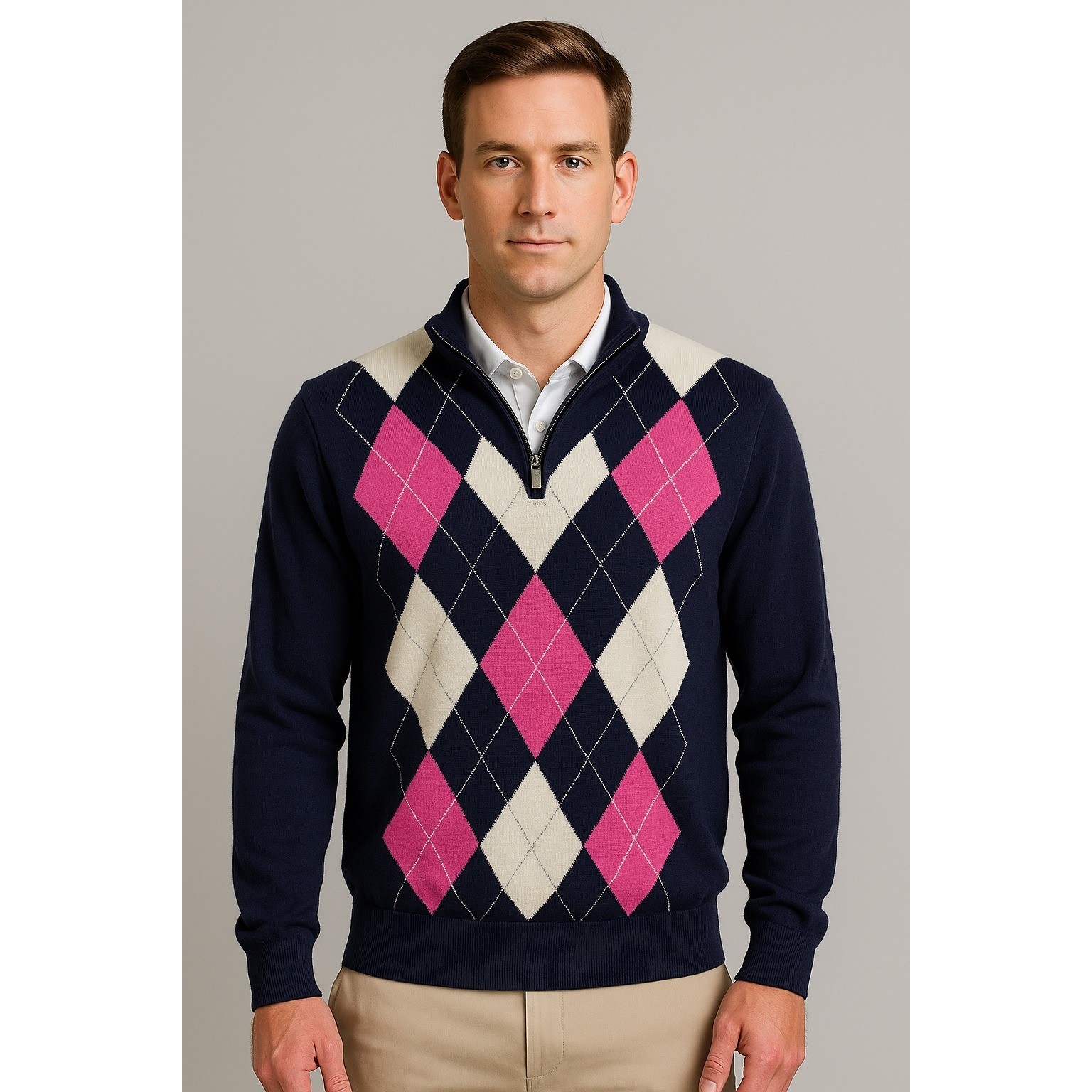FootJoy Argyle Sweater Mens Large Navy Pink Half Zip Golf Pullover 100% Wool