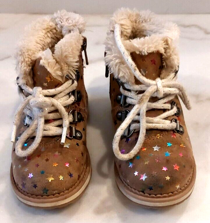 Cat & Jack Toddler Girls Combat Style Boots 9 Brown w/ Rainbow Stars and Fur