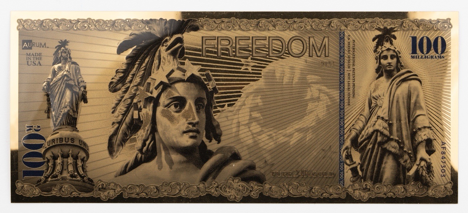 2022 100 Milligrams Gold Aurum Note Freedom 24K - 1014B
