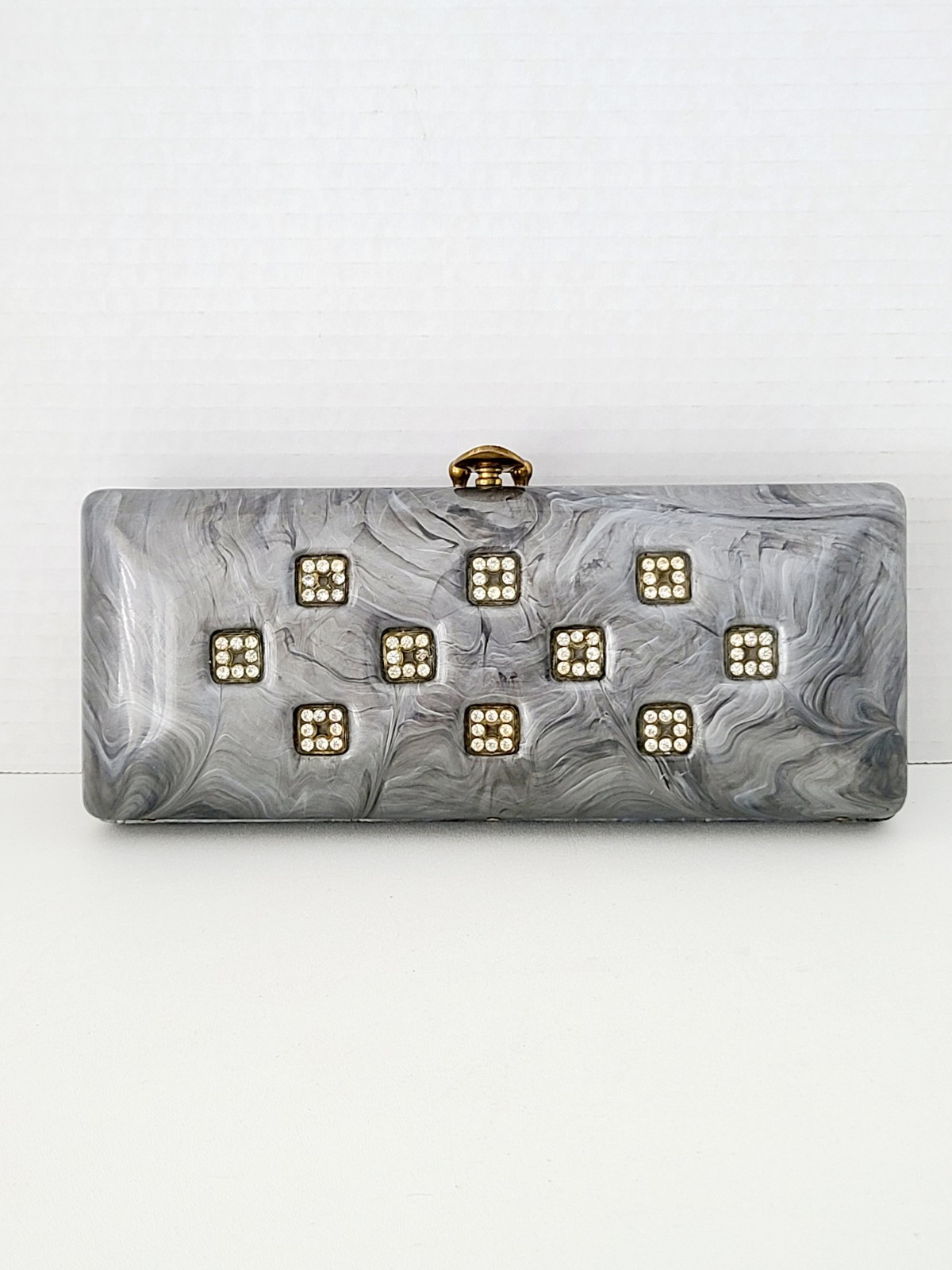 Vintage Llewellyn Gray Marbleized Lucite Rhinestone Gold Trim Evening Clutch 