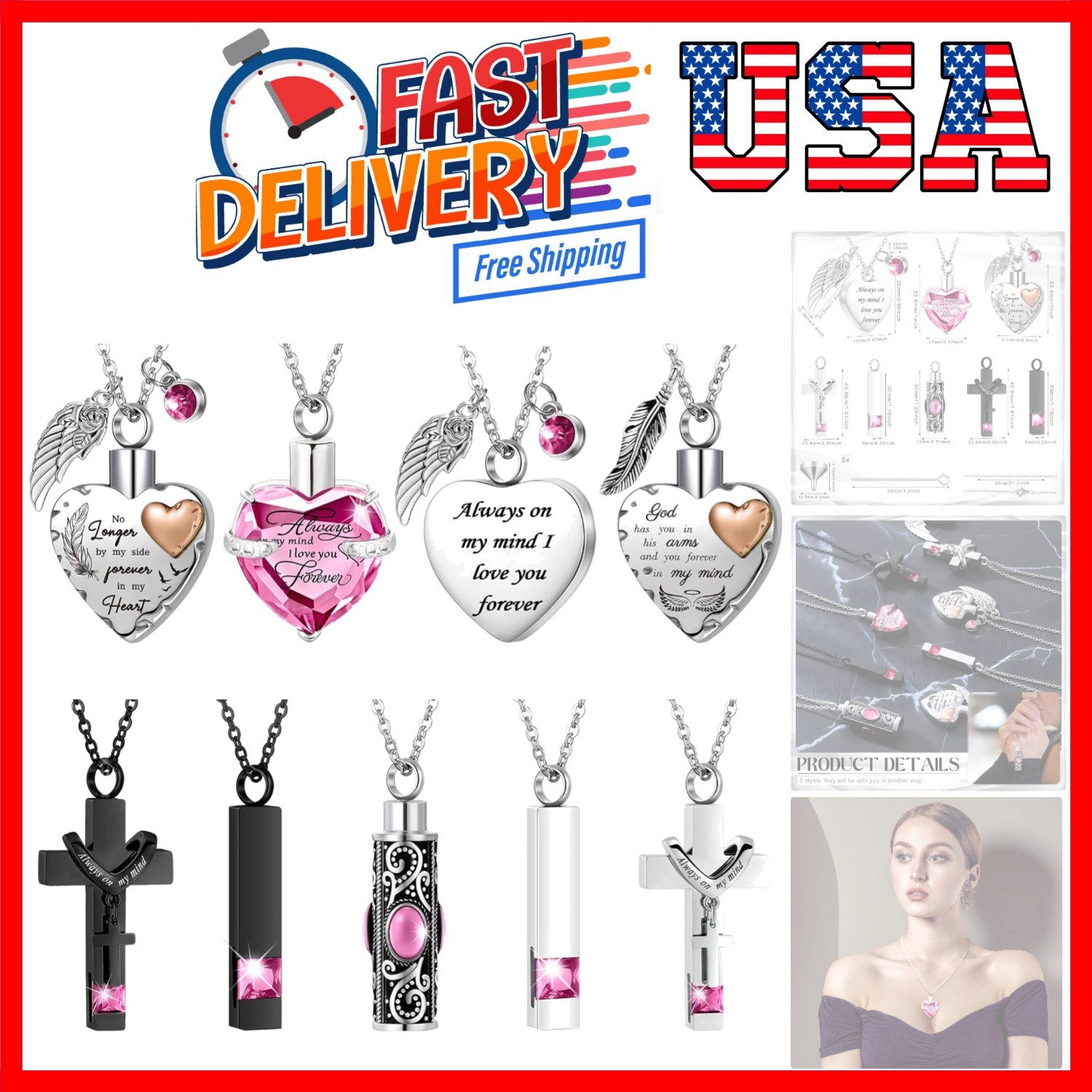 9 Pcs Heart Cross Cubic Urn Necklace for Ashes Keepsake Cremation Jewelry Sta...