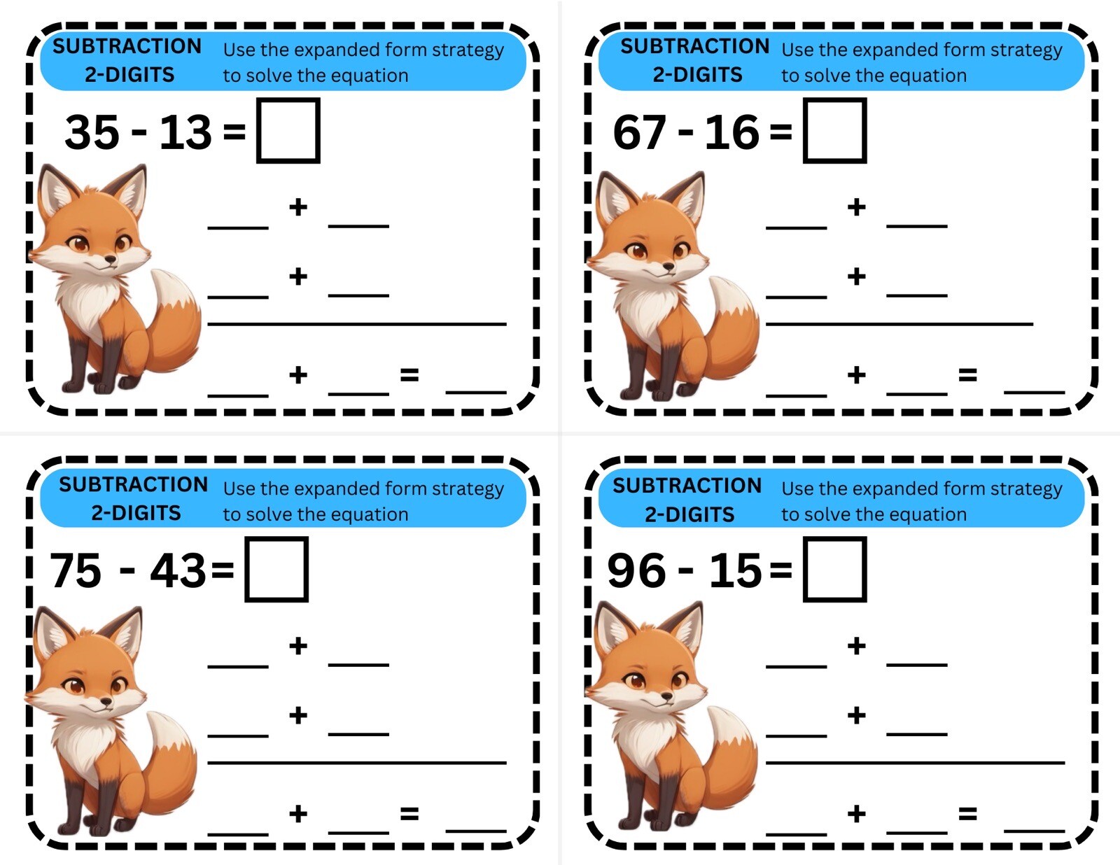 Subtraction 2-DIGIT  - no Regrouping - 36 Cards - Laminated Activity - Fox