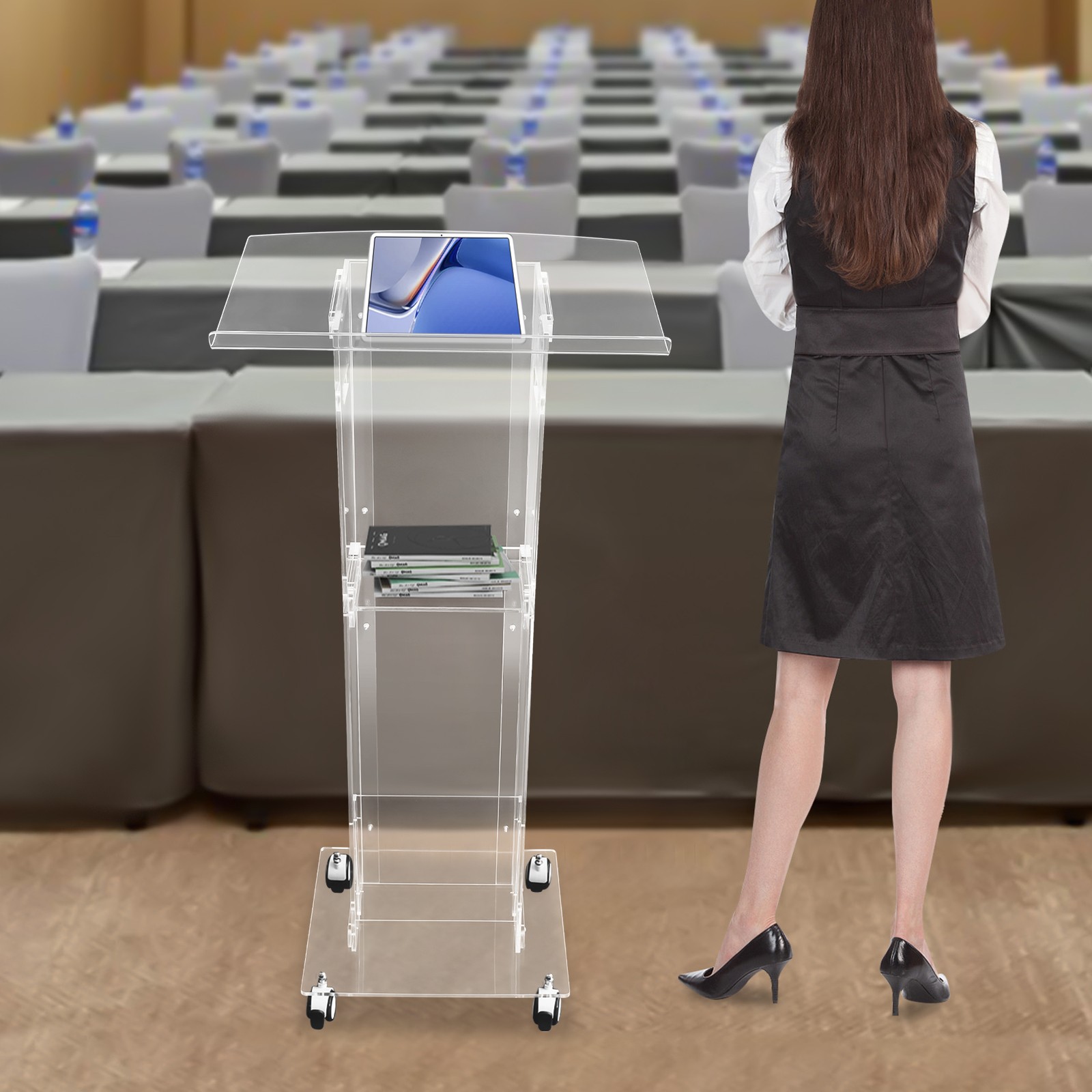 Clear Acrylic Lectern Podium with Wheels 48" Height Mobile Presentation Stand
