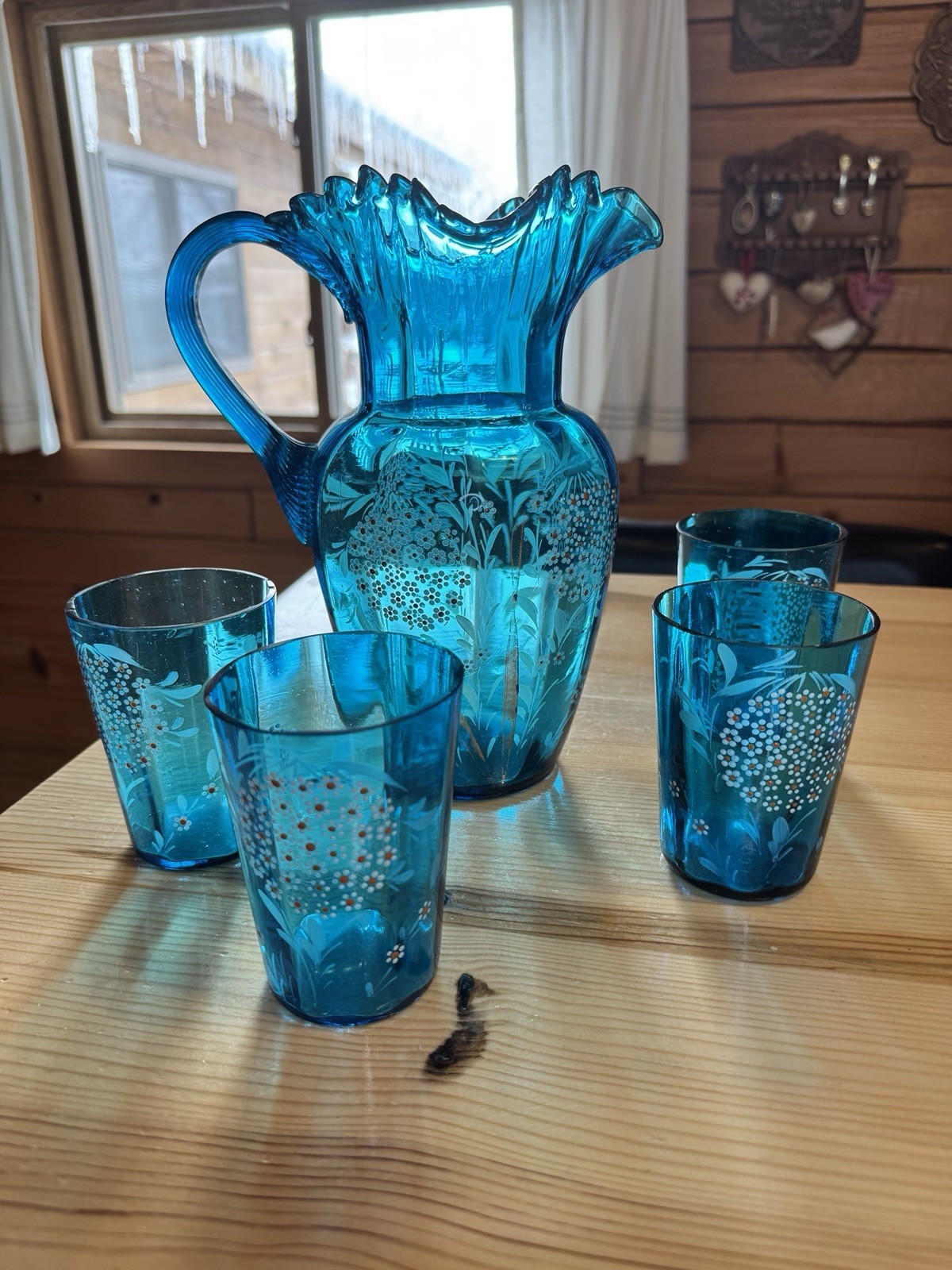 Antique Victorian Era Blue Glass Painted Floral Juice/Lemonade Set 4 Glasses