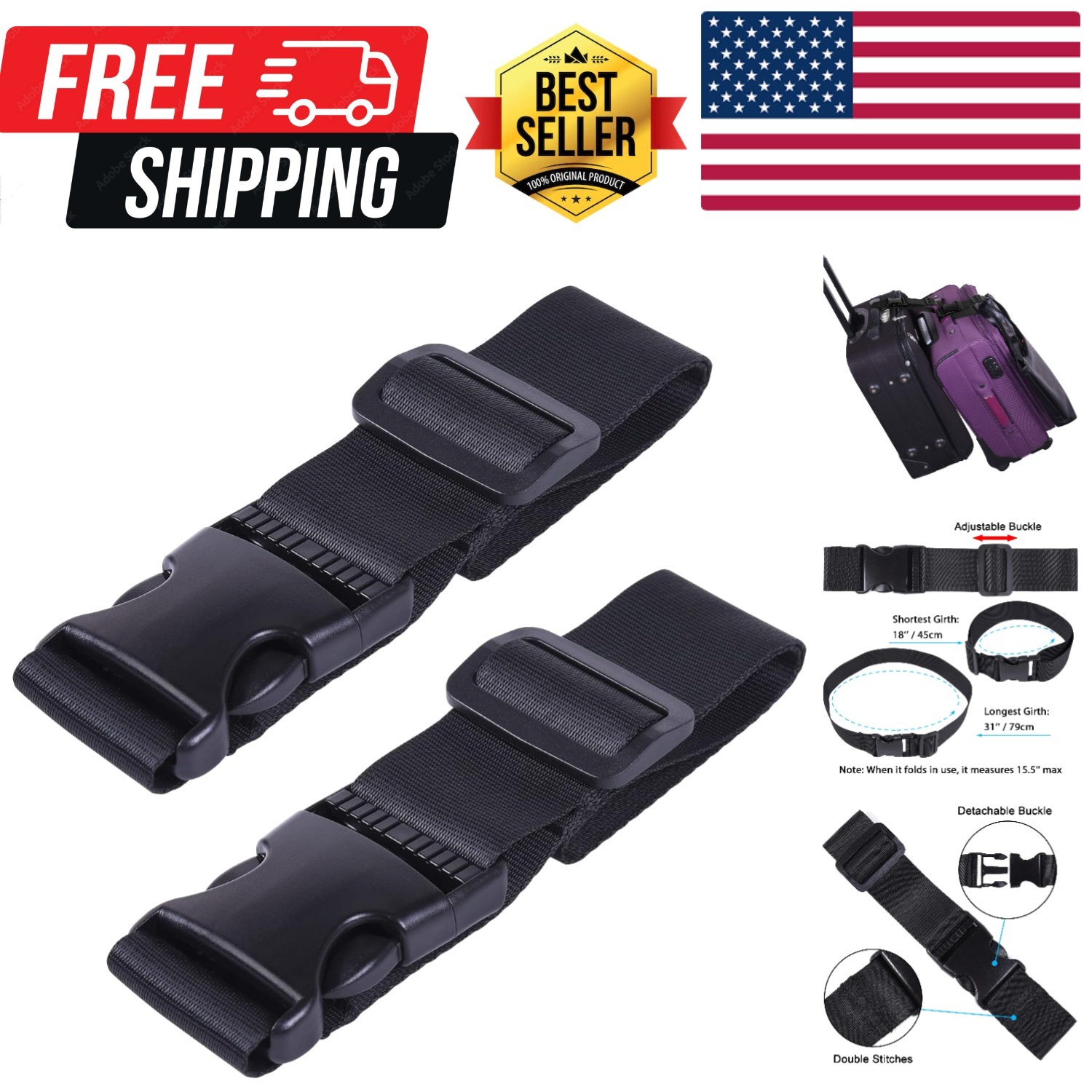 2 Pcs Add a Bag Luggage Strap, Heavy Duty Adjustable Suitcase Belt Travel Att...