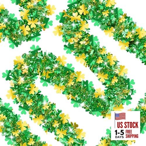 66FT St Patrick's Day Garlands Gold Green Shamrock Tinsel Garland, Shiny 
