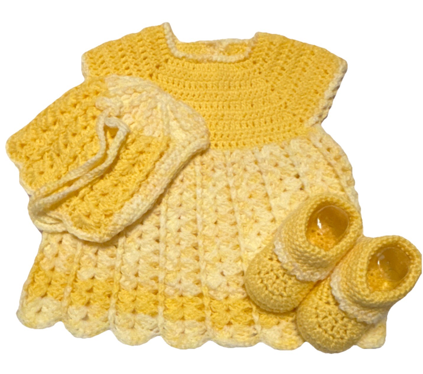 Handmade Yellow Crochet Dress Bonnet Booties Set for 18" Baby Doll or newborn 