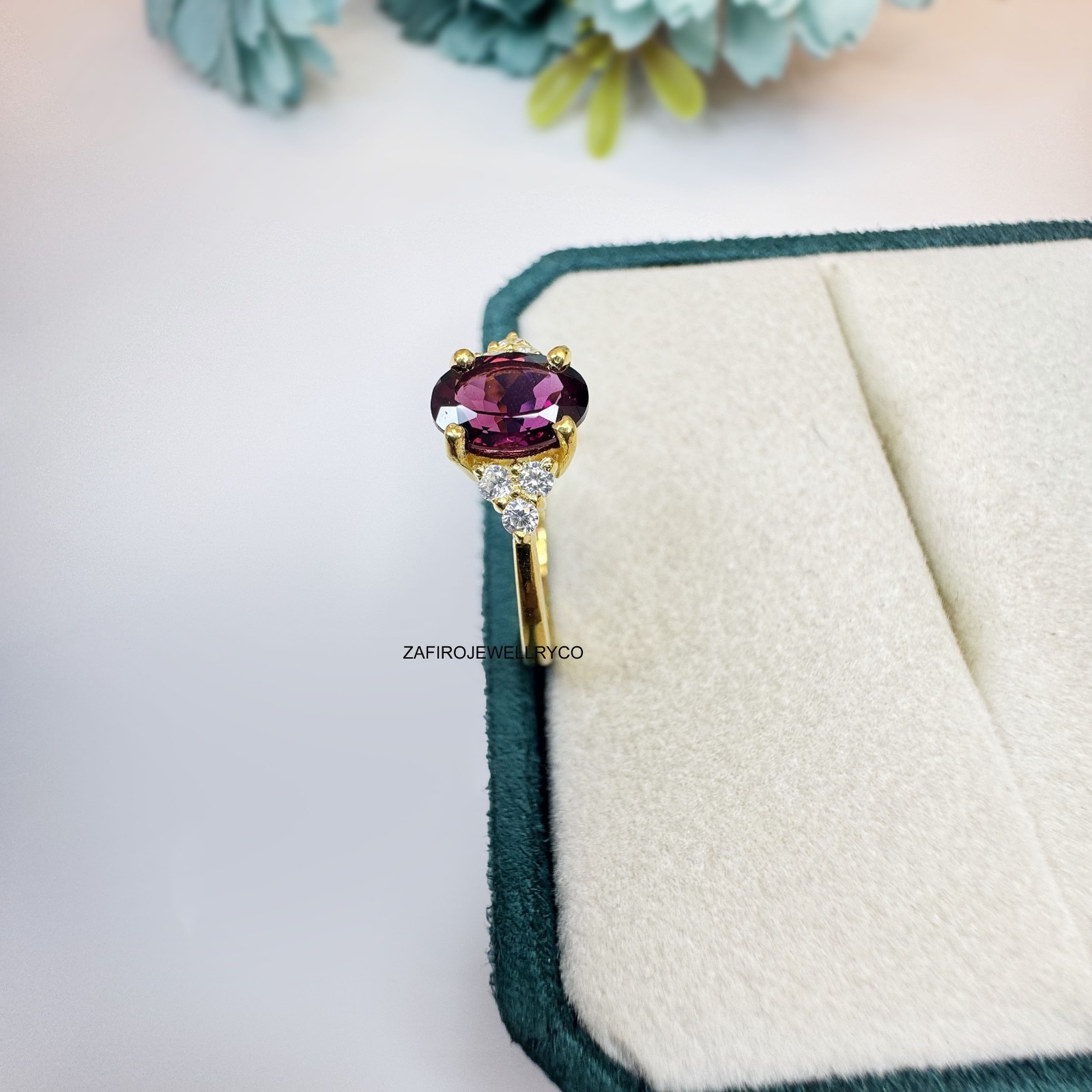 Natural Rhodolite Ring, Birthstone Ring, Wedding Ring, Pave Ring