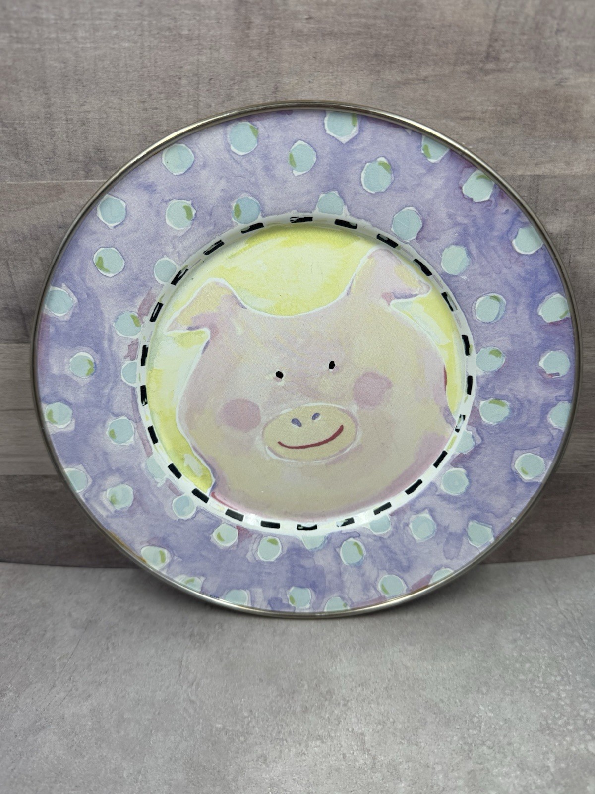 Vintage McKenzie Childs Retired PIGGY PIG PINK Enamelware 8" Plate Retired