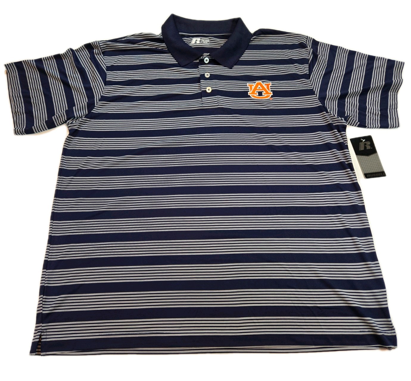 Auburn Tigers Polo Shirt MENS 2XL Striped Russell Performance Polyester NCAA NWT