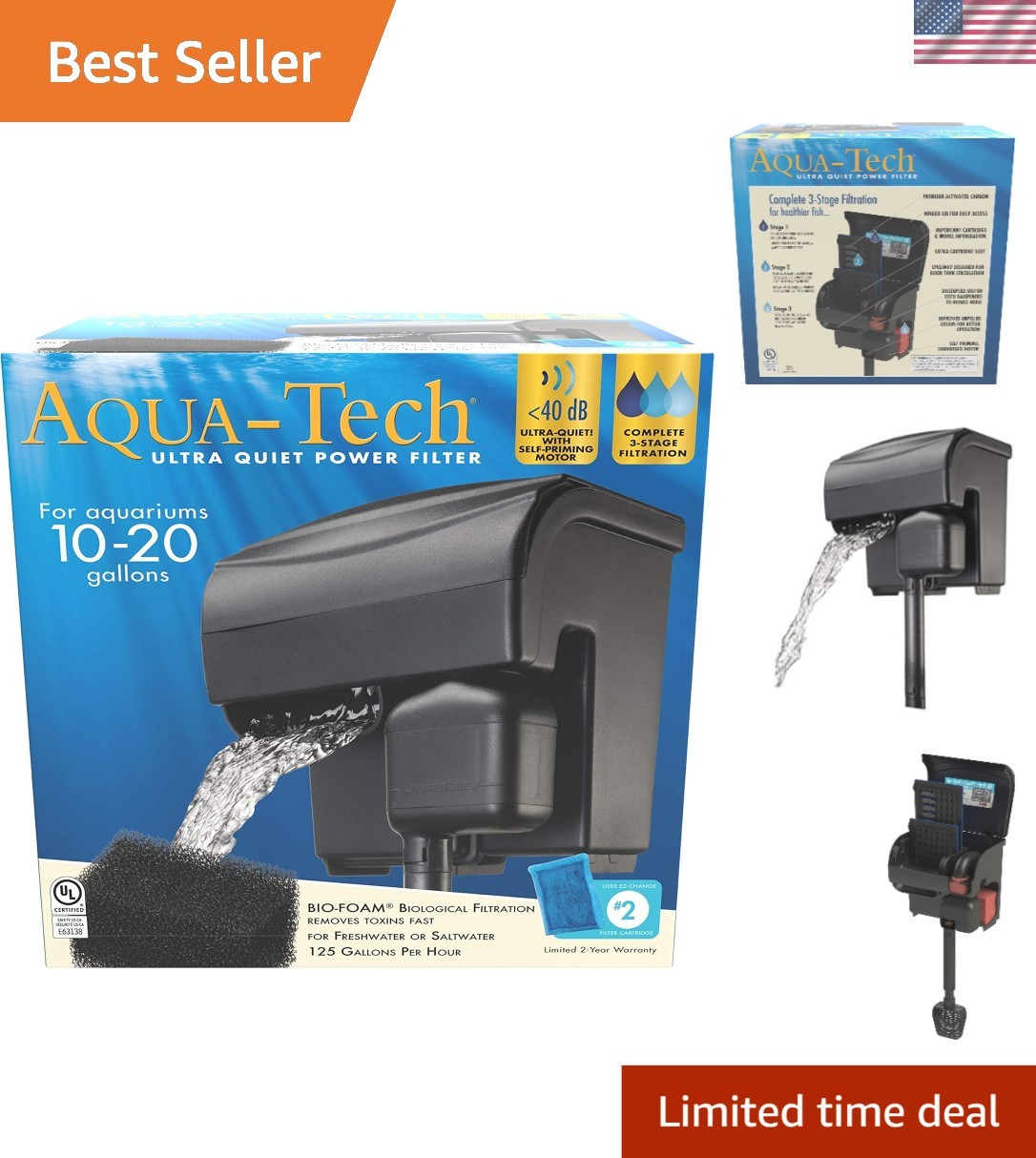 -Foam Ultra Quiet Power Filter for 10-20 Gallon Aquariums - Easy Maintenance