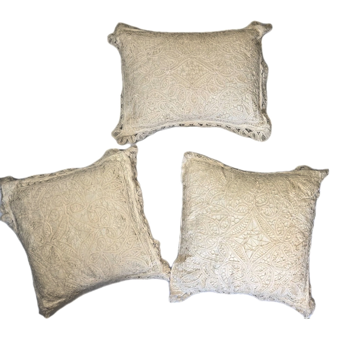 3 Vintage Crochet Battenburg Lace Pillows Cottage Imperial Elegance Boho Ivory