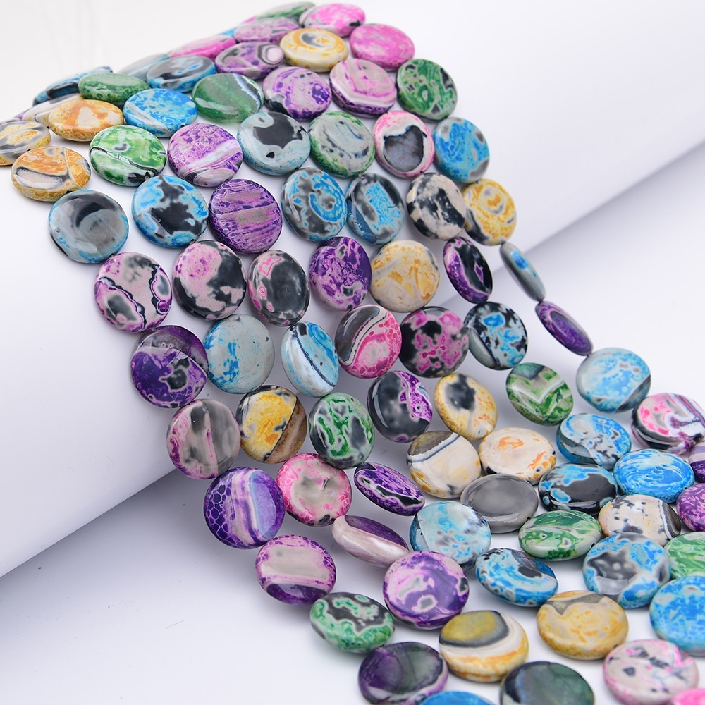 Natural 20mm Mix Color Agates Coin Loose Beads 15.5'' Jewelry Making DIY