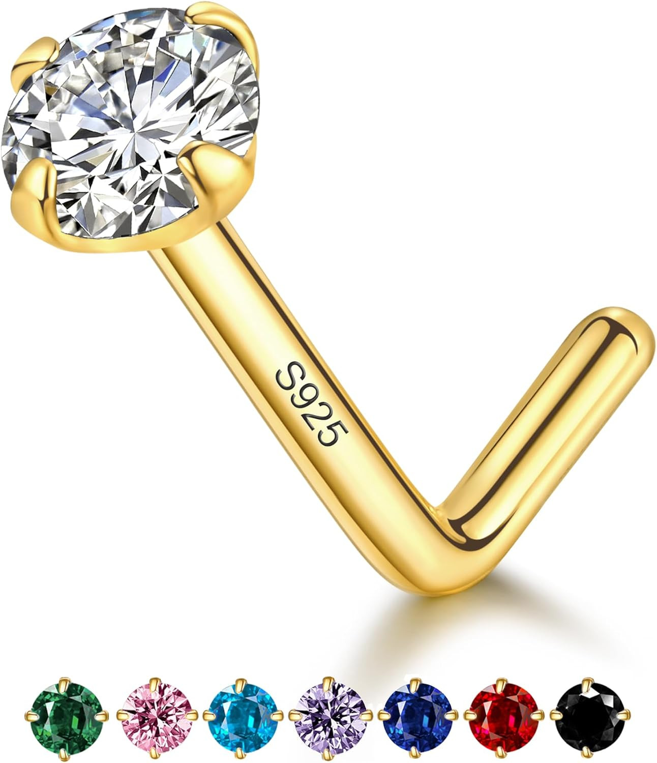 14K Gold Plated Sterling Silver L Shaped Nose Rings Studs for Women Men 20G, Sma