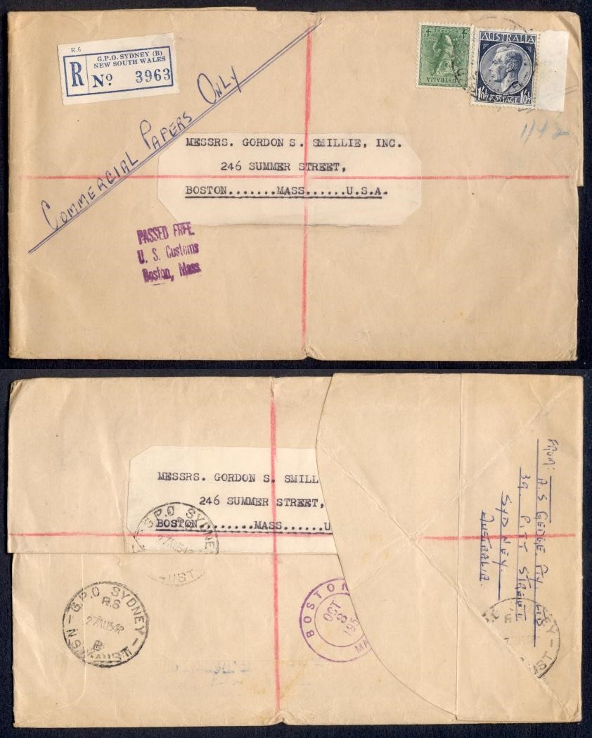 AUSTRALIA 1954 REG COMBO TO USA