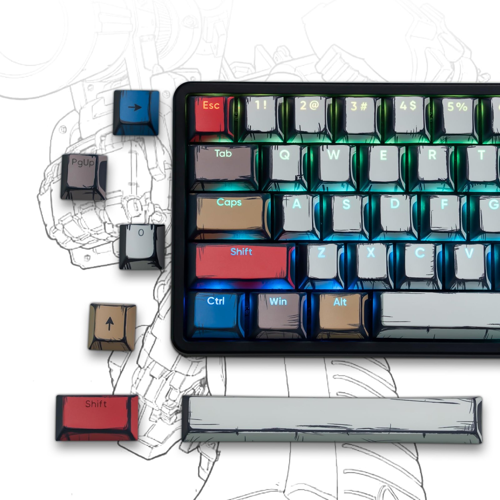 Retro Anime PBT KeycapsCherry Keycaps, Custom Keyboard Key caps 60 65 75 100 ...