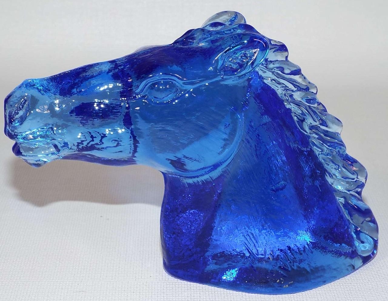 Cobalt Blue Horse Head Paperweight Hand Blown Glass Heavy Thick Piece Decor