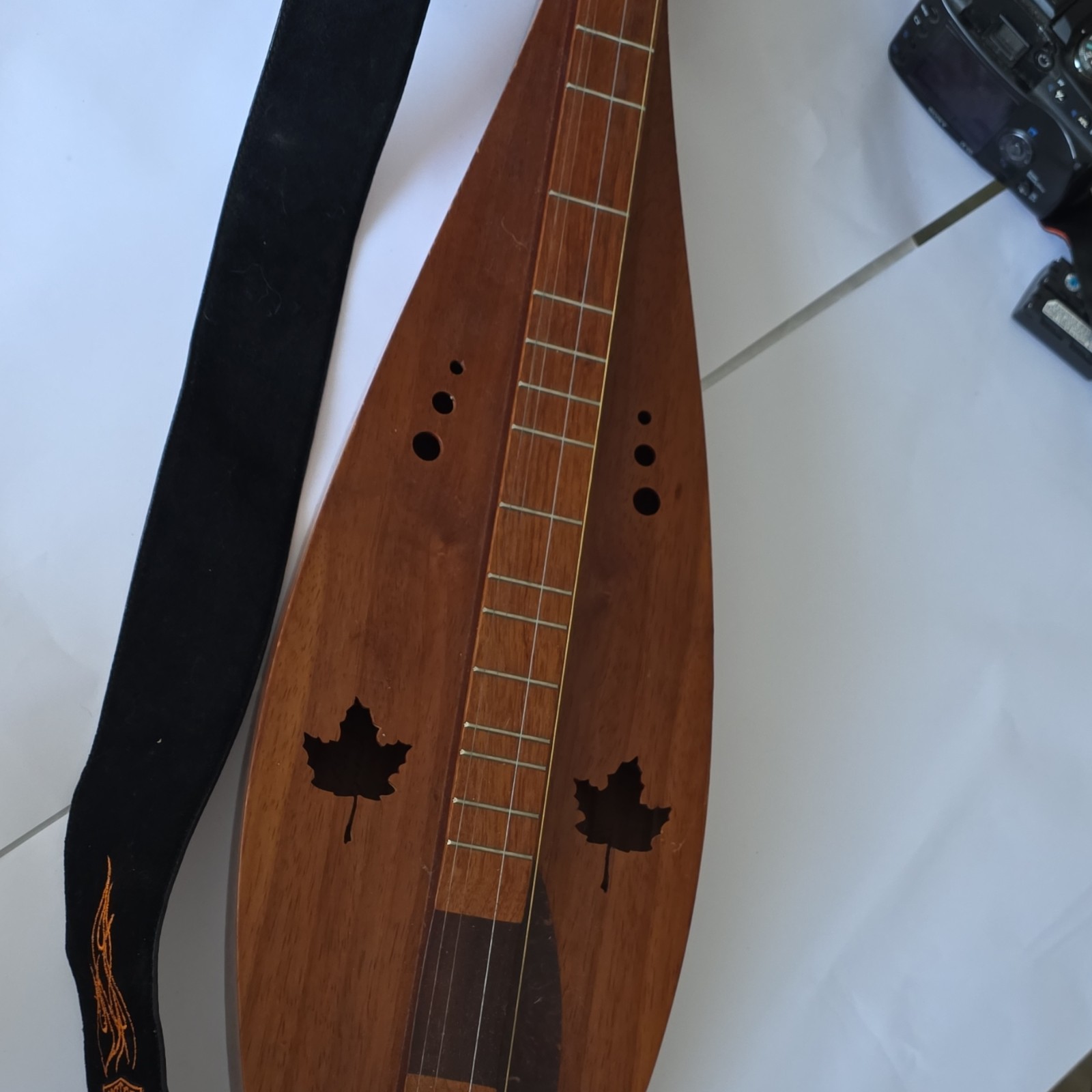 Appalachian Dulcimer Wood Hand Carved Maple Leaf Sound Holes Brown