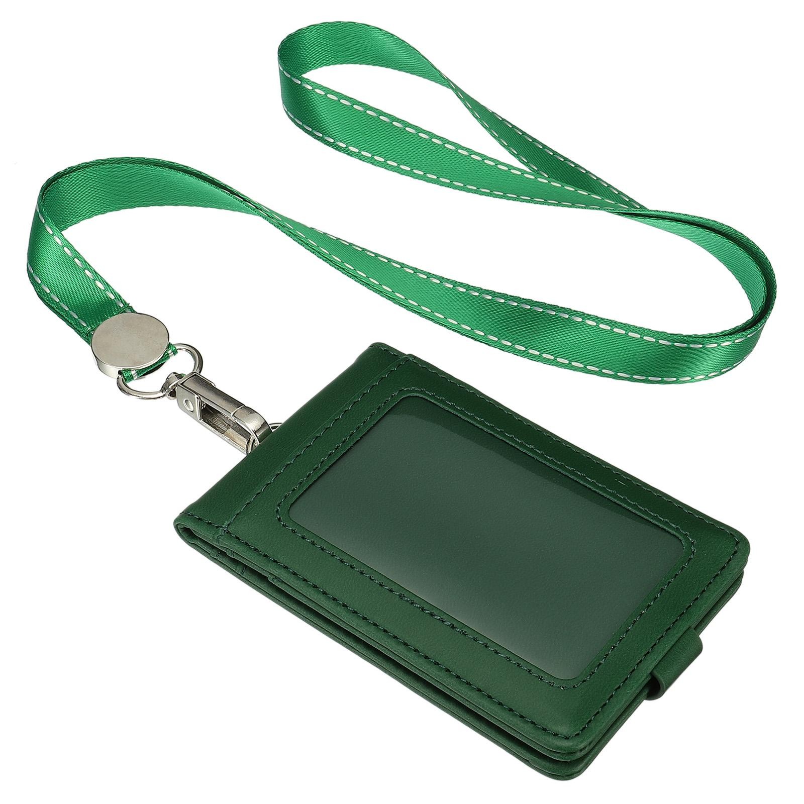 PU Leather ID Badge Holder with Detachable Neck Lanyard Set Deep Green