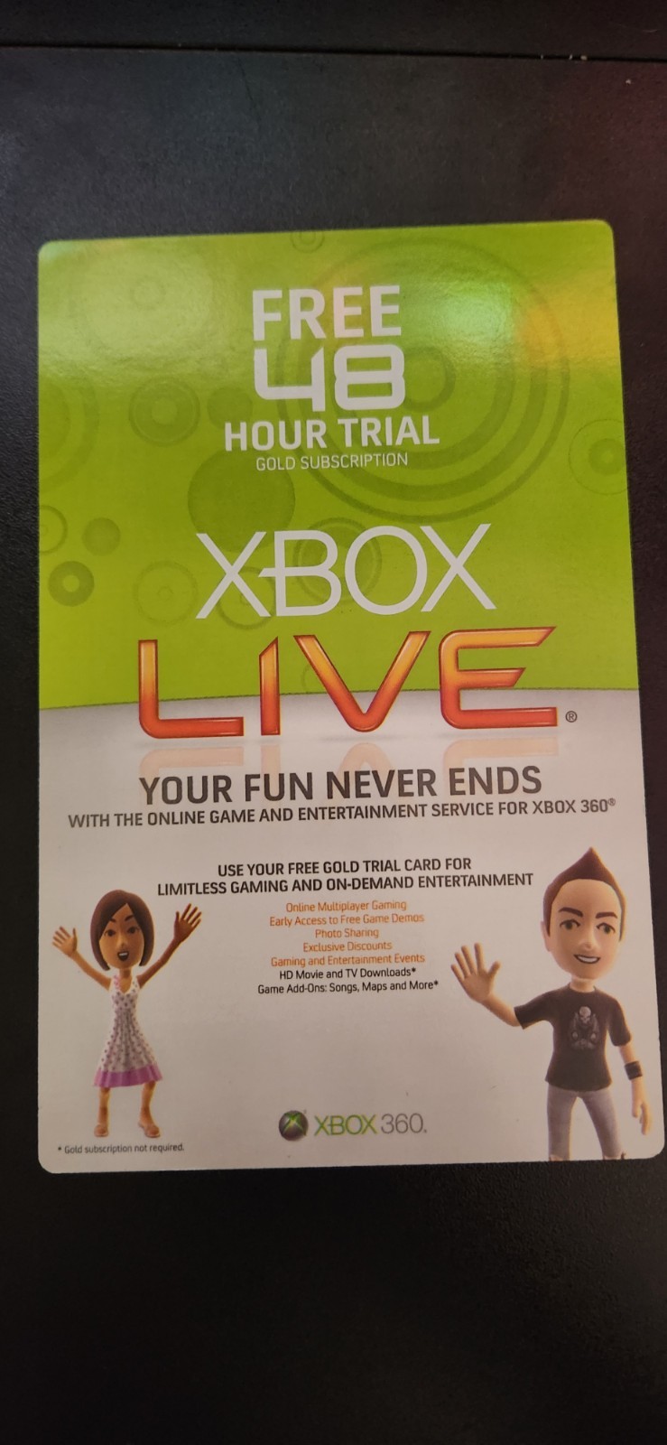 Microsoft Xbox Live Free 48 Hour Trial Gold Subscription XBOX 360 Unused