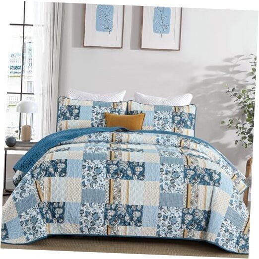  Quilt Set Size 3 Pieces Summer Patchwork Plaid Bedspread Coverlet Queen Blue