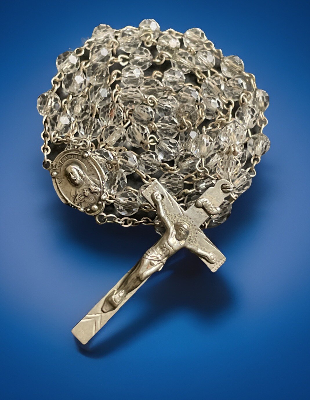 Vintage Catholic Sterling Silver & Faceted Crystal Rosary