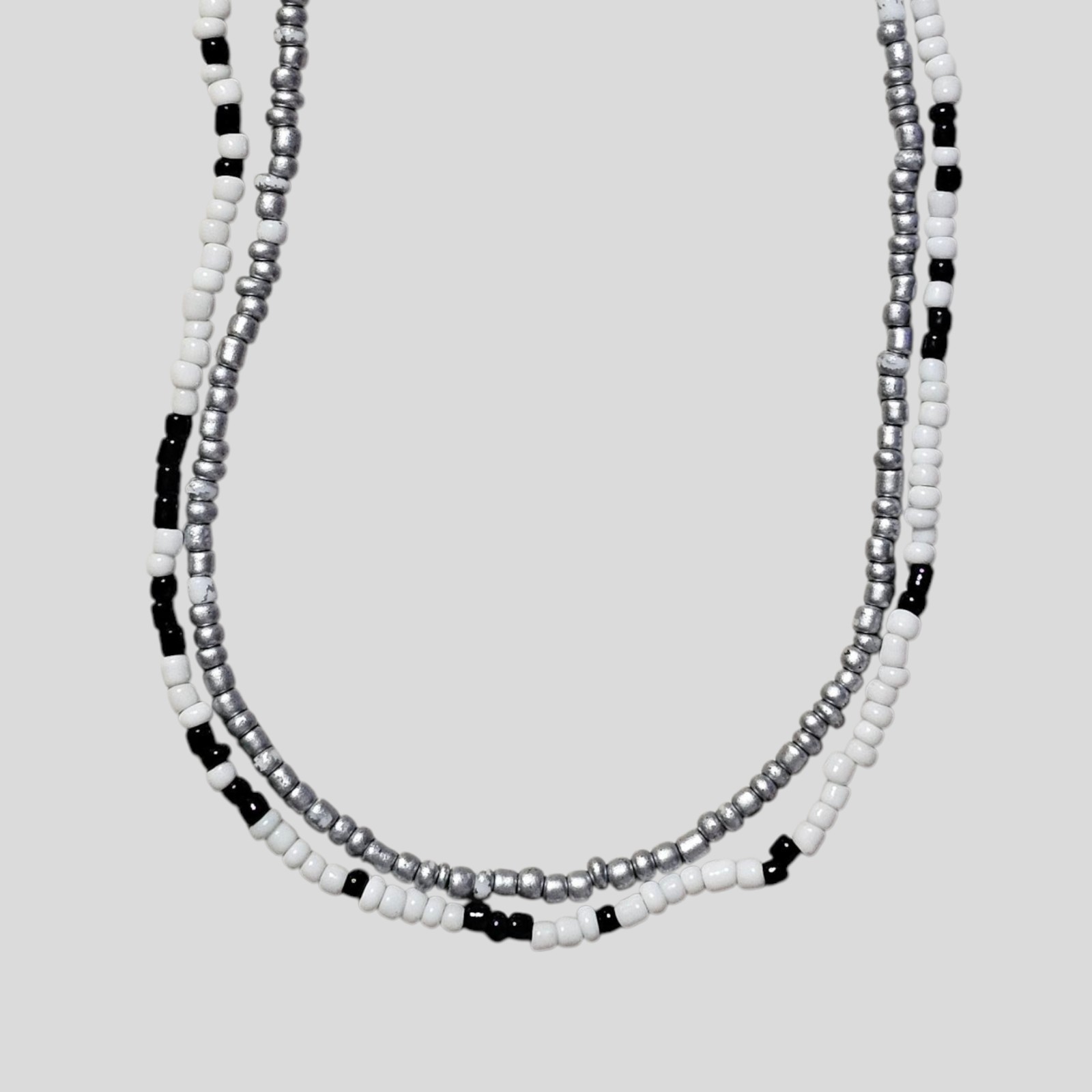 Set of 2 Black White Silver Glass Seed Bead Necklaces 32" Boho