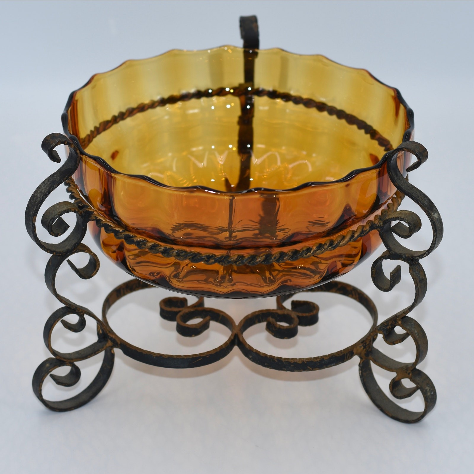 1950's Spanish Revival Italian Hand Blown Optic Amber Glass Bowl Metal Base