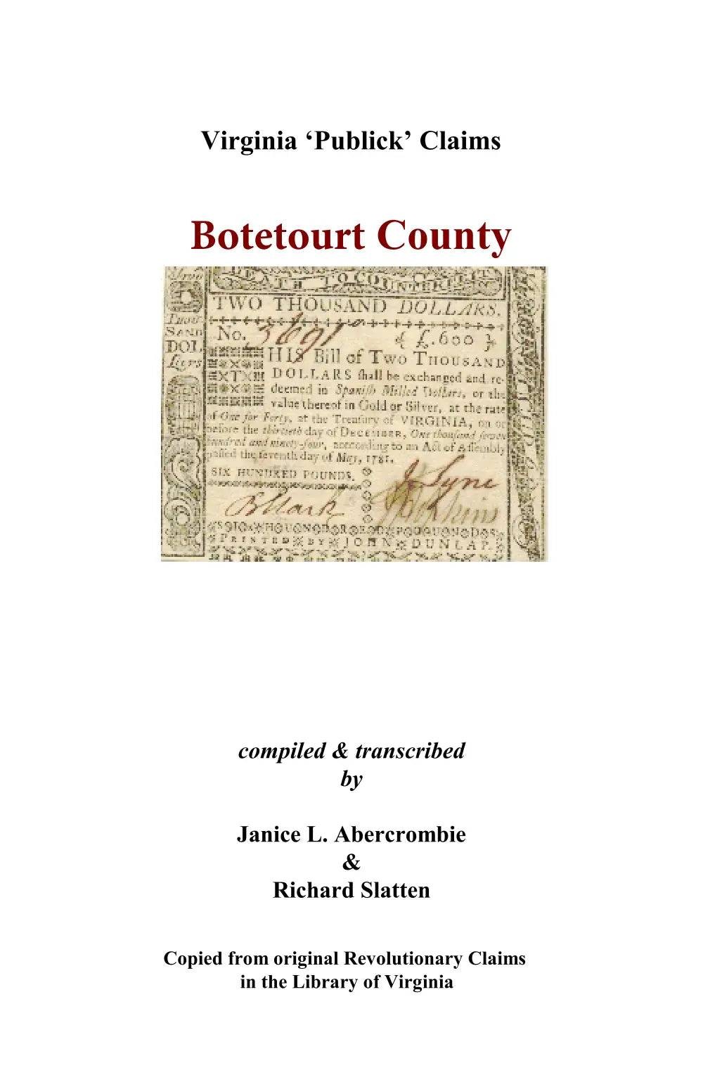 Botetourt County, Virginia Revolutionary Publick Claims GENEALOGY