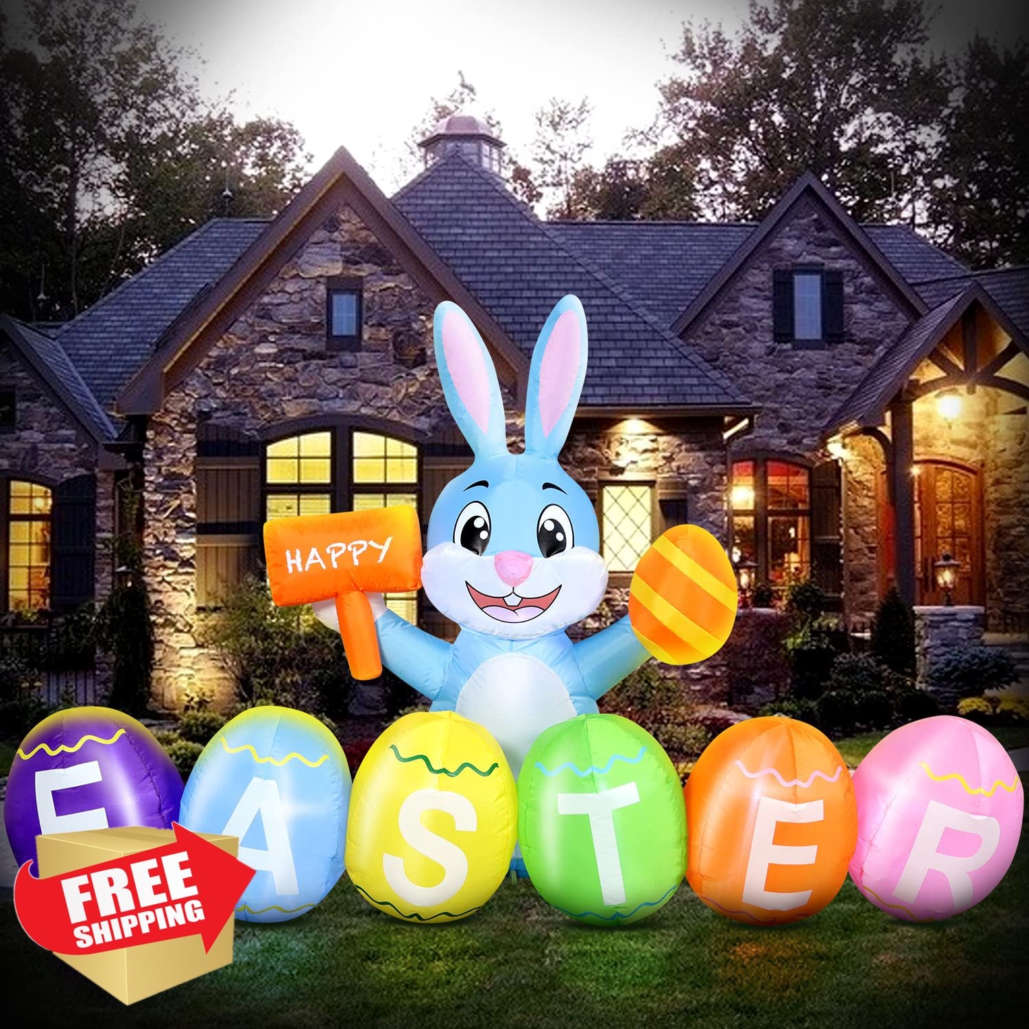 Domkom 6FT Easter Inflatable Bunny - Yard Decor w/LED Lights Eggs