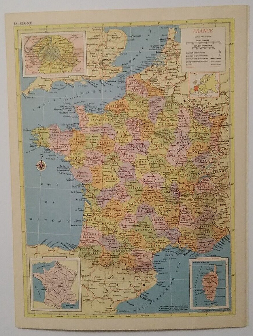 1956 Antique FRANCE Atlas Map Vintage Hammond's Family Reference World Atlas