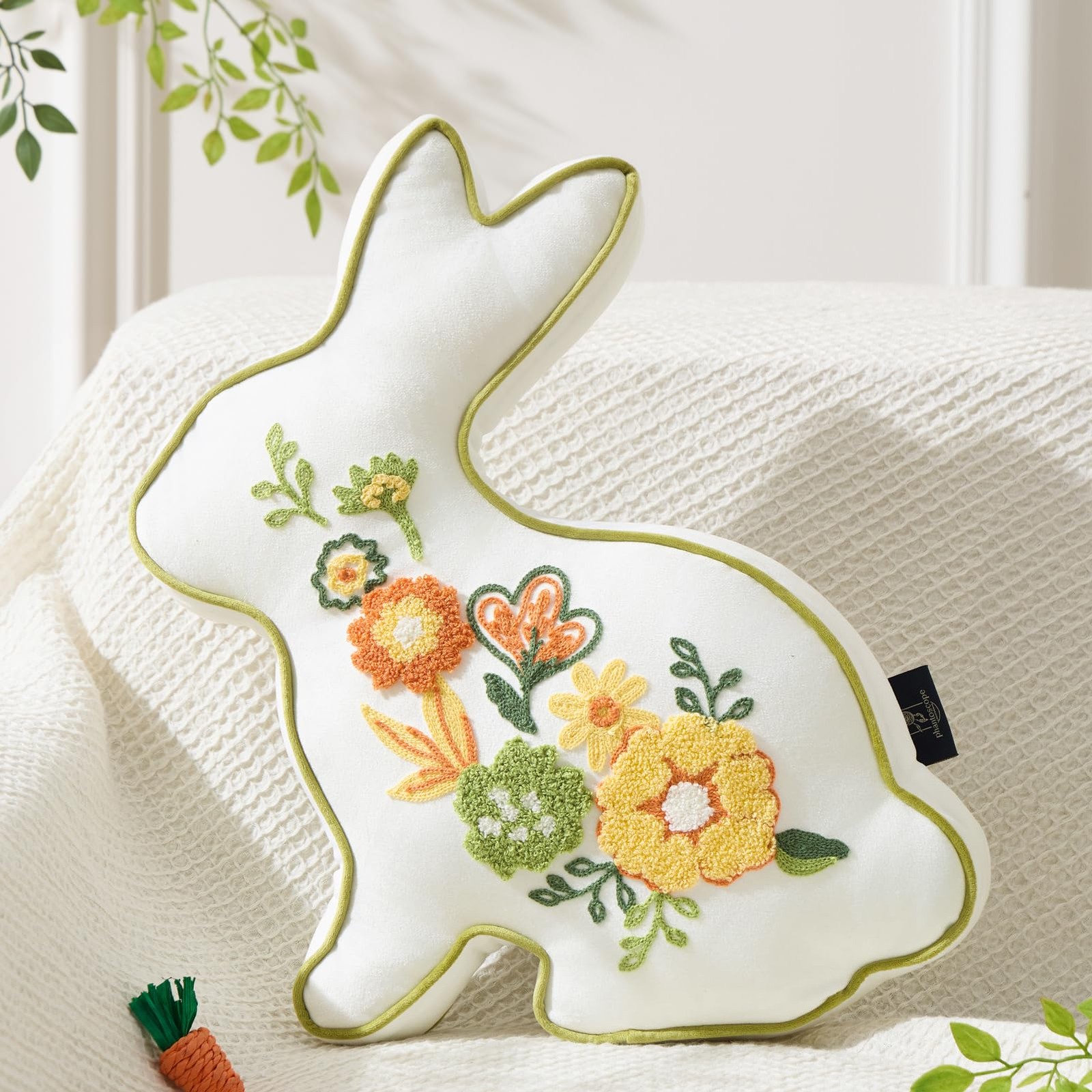 Happy Easter Bunny Shaped Throw Pillow, Embroidered Floral Patterns Cushion S...