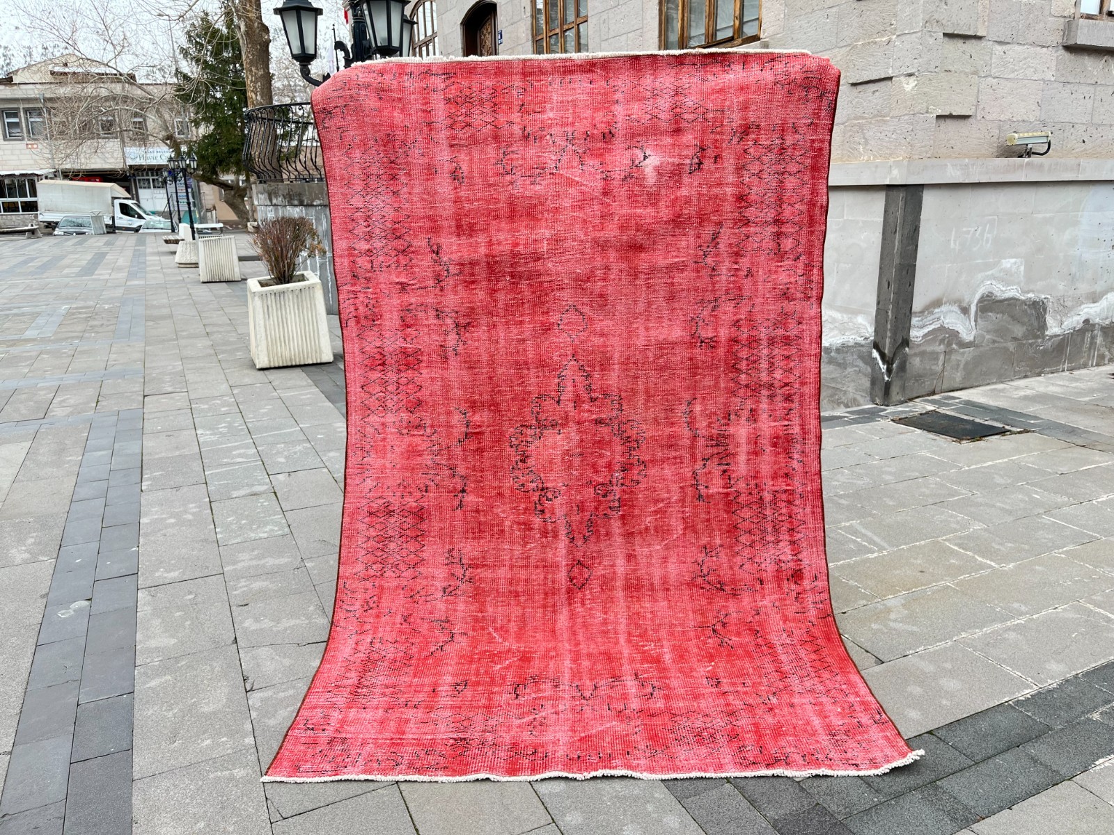 5.5x8.6 Ft Vintage Overdyed Turkish Rug Red Distressed Wool 5x8