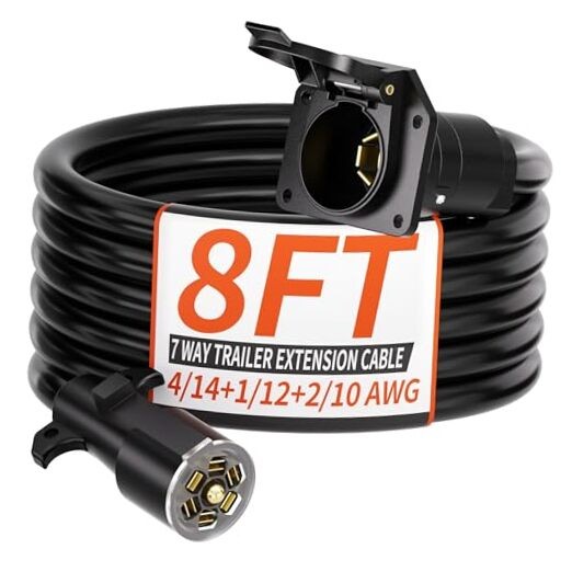 8 FT 7 Way Trailer Plug Heavy Duty Cord 4/14+1/12+2/10 AWG 7 Pin Trailer 8ft