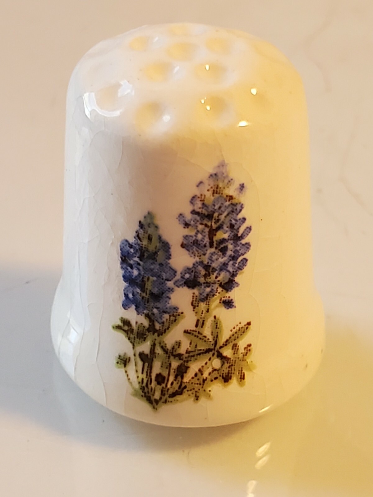 Vintage Bluebonnets Thimble unbelievably thick Porcelain cracked glazing box7