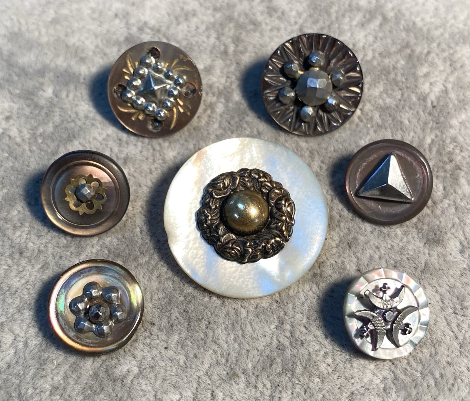 Antique Button Group 7 Carved Shell W/Steel And Brass Centers  1/2”-1”